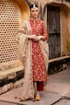 Buy_KARAJ JAIPUR_Red Kurta And Dupatta Chanderi Print Tassels Band Collar Patola & Pant Set _at_Aza_Fashions