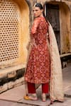 Shop_KARAJ JAIPUR_Red Kurta And Dupatta Chanderi Print Tassels Band Collar Patola & Pant Set _at_Aza_Fashions