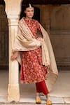 KARAJ JAIPUR_Red Kurta And Dupatta Chanderi Print Tassels Band Collar Patola & Pant Set _at_Aza_Fashions