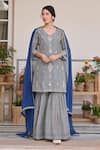 KARAJ JAIPUR_Blue Kurta Chanderi Print Chevron V-neck Mirror Embroidered And Sharara Set _Online_at_Aza_Fashions