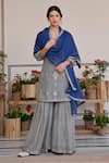 KARAJ JAIPUR_Blue Kurta Chanderi Print Chevron V-neck Mirror Embroidered And Sharara Set _at_Aza_Fashions