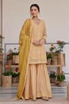 Buy_KARAJ JAIPUR_Yellow Kurta Chanderi Print Chevron V-neck Embroidered Short And Sharara Set _at_Aza_Fashions