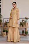 KARAJ JAIPUR_Yellow Kurta Chanderi Print Chevron V-neck Embroidered Short And Sharara Set _Online_at_Aza_Fashions