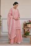 Shop_KARAJ JAIPUR_Peach Kurta And Dupatta Chanderi Print Floral Thread Embroidered & Sharara Set _Online_at_Aza_Fashions