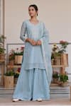 Buy_KARAJ JAIPUR_Sky Blue Kurta And Dupatta Chanderi Print Thread Embroidered Short & Sharara Set _at_Aza_Fashions