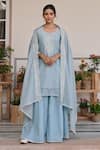 Buy_KARAJ JAIPUR_Sky Blue Kurta And Dupatta Chanderi Print Thread Embroidered Short & Sharara Set _Online_at_Aza_Fashions