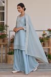 KARAJ JAIPUR_Sky Blue Kurta And Dupatta Chanderi Print Thread Embroidered Short & Sharara Set _at_Aza_Fashions