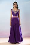 Samyukta Singhania_Purple Cape Pure Organza Hand Embroidered Floral Blouse Round With Skirt Set _Online_at_Aza_Fashions