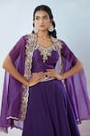 Buy_Samyukta Singhania_Purple Cape Pure Organza Hand Embroidered Floral Blouse Round With Skirt Set _Online_at_Aza_Fashions