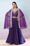 Samyukta Singhania_Purple Cape Pure Organza Hand Embroidered Floral Blouse Round With Skirt Set _at_Aza_Fashions