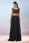 Samyukta Singhania_Black Cape Pure Organza Hand Embroidered Floral With Draped Dhoti Skirt Set _Online_at_Aza_Fashions