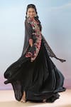 Shop_Samyukta Singhania_Black Cape Pure Organza Hand Embroidered Floral With Draped Dhoti Skirt Set _Online_at_Aza_Fashions