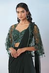 Buy_Samyukta Singhania_Green Georgette Hand Embroidered Pleated Solid Pre-draped Saree Set With Cape 