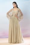 Buy_Samyukta Singhania_Beige Gown Chinon Hand Embroidered Sequin Gown Round Geometric With Cape _at_Aza_Fashions