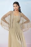 Shop_Samyukta Singhania_Beige Gown Chinon Hand Embroidered Sequin Gown Round Geometric With Cape _Online_at_Aza_Fashions