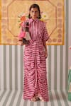 Buy_Khajoor Studio_Pink Modal Satin Print Stripe Collar Blush Draped Shirt Dress _at_Aza_Fashions