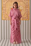 Khajoor Studio_Pink Modal Satin Print Stripe Collar Blush Draped Shirt Dress _Online_at_Aza_Fashions