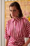 Shop_Khajoor Studio_Pink Modal Satin Print Stripe Collar Blush Draped Shirt Dress _Online_at_Aza_Fashions