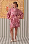 Buy_Khajoor Studio_Pink Modal Satin Print Stripe Collar Blush Uniform Shirt With Pant _at_Aza_Fashions