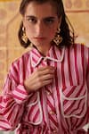 Khajoor Studio_Pink Modal Satin Print Stripe Collar Blush Uniform Shirt With Pant _at_Aza_Fashions