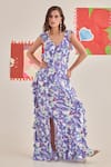 Buy_Khajoor Studio_Blue Modal Satin Print Abstract Gardenia V-neck Dream Ruffle Dress _at_Aza_Fashions