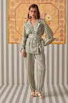 Buy_Khajoor Studio_Green Modal Satin Print Stripe Lapel Collar Blazer With Pant _at_Aza_Fashions