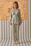 Buy_Khajoor Studio_Green Modal Satin Print Stripe Lapel Collar Blazer With Pant _Online_at_Aza_Fashions