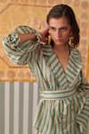 Shop_Khajoor Studio_Green Modal Satin Print Stripe Lapel Collar Blazer With Pant _Online_at_Aza_Fashions