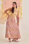 Buy_Khajoor Studio_Yellow Organic Embroidery Floral Closed Print Slip Draped Dress _at_Aza_Fashions