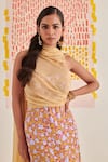 Buy_Khajoor Studio_Yellow Organic Embroidery Floral Closed Print Slip Draped Dress _Online_at_Aza_Fashions