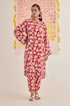 Buy_Khajoor Studio_Red Modal Satin Print Scarlet Bellrose Round Rose Tunic With Pant _at_Aza_Fashions