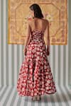 Shop_Khajoor Studio_Red Modal Satin Print Scarlet Bellrose Halter Rose Pleated Bustier With Skirt _at_Aza_Fashions