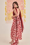 Buy_Khajoor Studio_Red Organic Embroidery Scarlet Bellrose Rose Print Slip Draped Dress _Online_at_Aza_Fashions