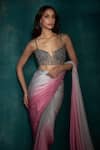 Shop_Sawan Gandhi_Grey Satin Embroidered Bead Notched Gradient Tasselled Saree With Corset _at_Aza_Fashions