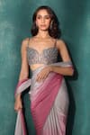 Sawan Gandhi_Grey Satin Embroidered Bead Notched Gradient Tasselled Saree With Corset _Online_at_Aza_Fashions