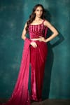 Buy_Sawan Gandhi_Pink Velvet Embroidered Bead Scoop Corset Top And Pleated Draped Skirt Set _at_Aza_Fashions