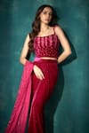 Shop_Sawan Gandhi_Pink Velvet Embroidered Bead Scoop Corset Top And Pleated Draped Skirt Set _at_Aza_Fashions