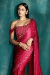 Shop_Sawan Gandhi_Pink Satin Embroidered Crystal Off Shoulder Embellished Saree With Blouse _at_Aza_Fashions