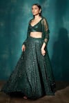 Buy_Sawan Gandhi_Green Georgette Embroidered Crystal V-neck Checkered Lehenga Set _at_Aza_Fashions