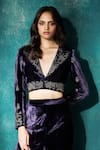 Sawan Gandhi_Purple Velvet Embroidered Cut Dana Lapel Collar Cropped Jacket With Pant _Online_at_Aza_Fashions