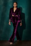 Buy_Sawan Gandhi_Purple Velvet Embroidered Cut Dana Cut-out Twist Jacket With Bell-bottom Pant _at_Aza_Fashions