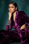 Shop_Sawan Gandhi_Purple Velvet Embroidered Cut Dana Cut-out Twist Jacket With Bell-bottom Pant _at_Aza_Fashions