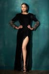 Buy_Sawan Gandhi_Black Velvet Embroidered Cut Dana Round Placement Slit Dress _at_Aza_Fashions