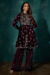 Buy_Sawan Gandhi_Wine Velvet Embroidered Cut Dana Keyhole Floral Peplum Kurta With Pant _at_Aza_Fashions