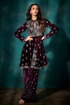 Shop_Sawan Gandhi_Wine Velvet Embroidered Cut Dana Keyhole Floral Peplum Kurta With Pant _at_Aza_Fashions