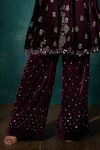 Sawan Gandhi_Wine Velvet Embroidered Cut Dana Keyhole Floral Peplum Kurta With Pant _Online_at_Aza_Fashions