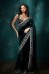 Buy_Sawan Gandhi_Green Velvet Embroidered Cut Dana Sweetheart Floral Border Saree With Blouse _at_Aza_Fashions