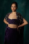 Buy_Sawan Gandhi_Wine Velvet Embroidered Cut Dana Cape Open Floral Draped Skirt Set _Online_at_Aza_Fashions