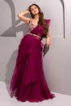 Buy_Dajwaree_Purple Organza Embroidery Floral Leaf Plum Zari Ruffled Pre-draped Saree Set _Online_at_Aza_Fashions