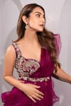 Dajwaree_Purple Organza Embroidery Floral Leaf Plum Zari Ruffled Pre-draped Saree Set _at_Aza_Fashions